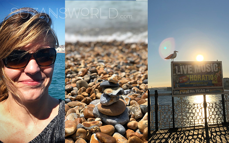 A collage of 3 photos: myself, a tiny stone tower at the beach and the Brighton pier at sunset